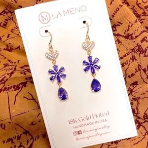 Brand New La Meno 18K Gold Plated Purple Gem Flower Heart Drop Earrings Handmade